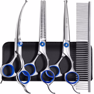 Gimars Kit de tijeras de aseo para perros profesionales 4CR con punta redonda de seguridad, 5 en 1, tijeras…